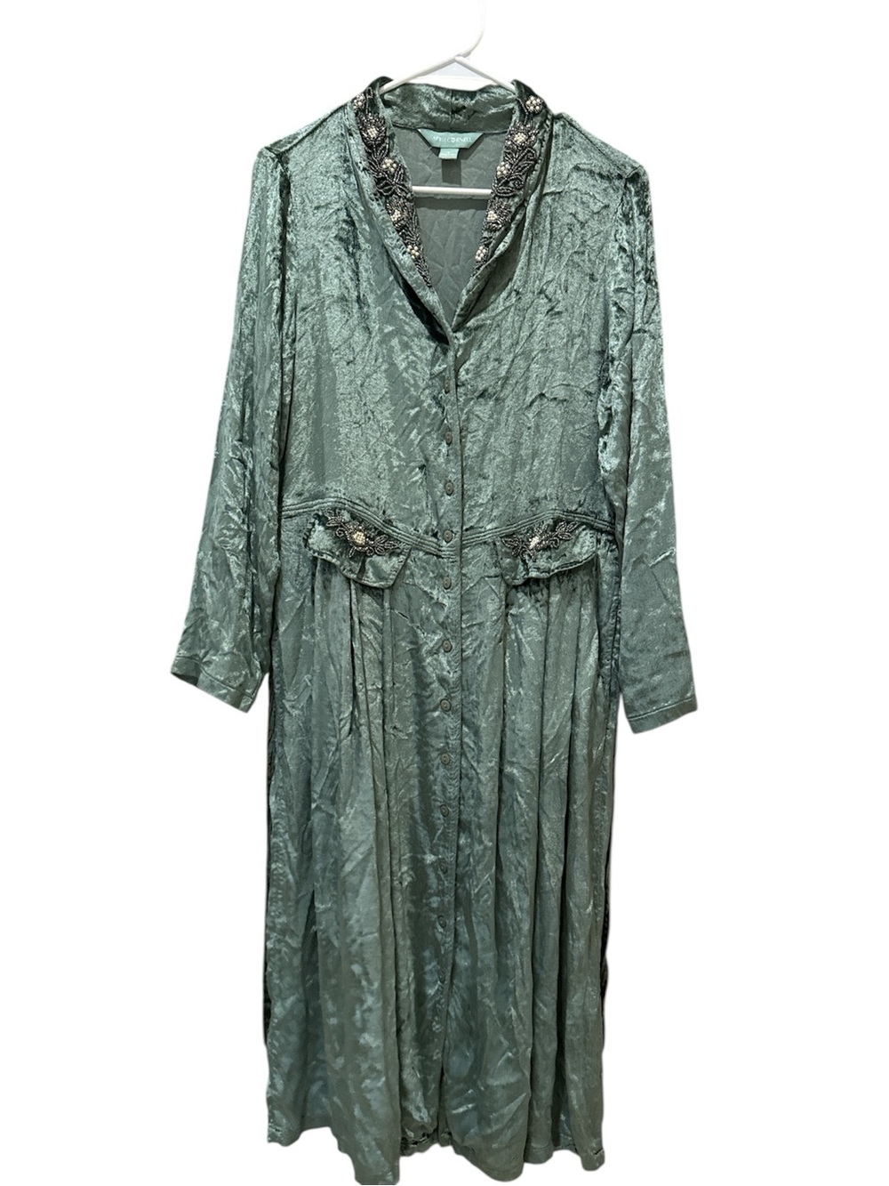 Vintage April Cornell Beaded Duster Shirt Dress Sage Green Romantic Boho Size: S